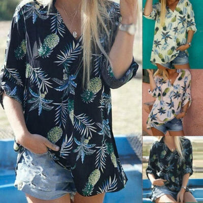 

Women Long Sleeve Floral Print Shirts Tops V Neck Summer Loose Blouse Plus Size