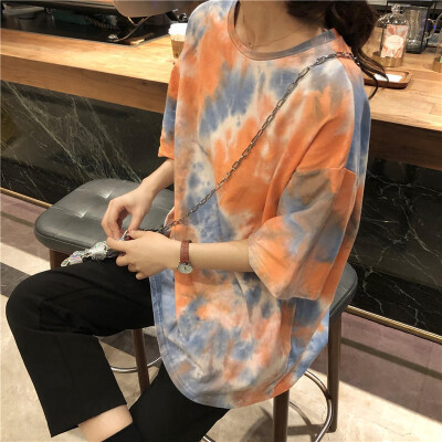 

Loose Casual Summer Womens T Shirt Casual Round Neck Tie Dye Print T-Shirts Short Sleeve Loose Pullover Simple Tee Tops