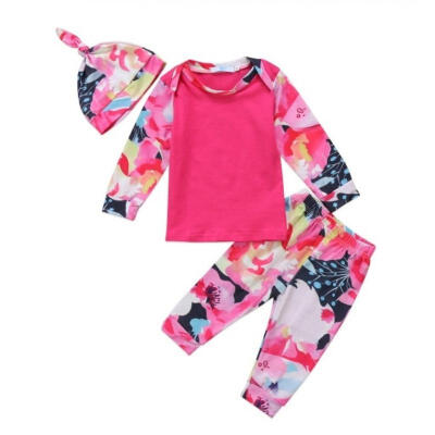 

3PCS Newborn Baby Boys Girls Floral Clothes Flower Print Long Sleeve Red T-shirt Long Pants Leggings Hat Outfit Set Clothes Fi