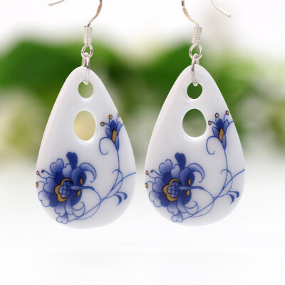 

Women Fashion Chinese Style Ceramic Decals Dangle Hook Ear drop 925 Silver Long Earrings