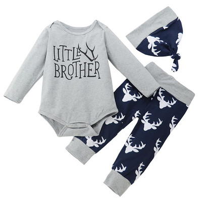 

3pcs Toddler Baby Boys Little Brother Romper Trousers Cap Outfits Set Clothes