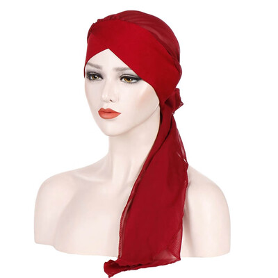 

Summer Pure Color Muslim Bonnet Hijab Forehead Cross Chiffon Long Tail Turban Hat Chemo Cap Head Scarf