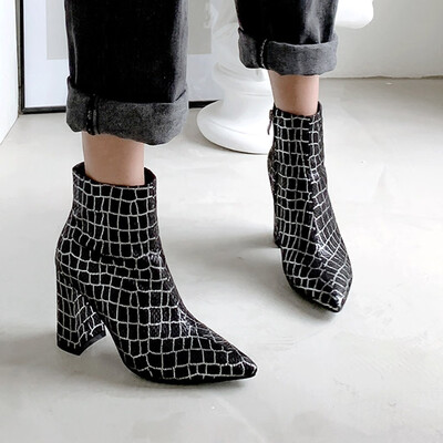 

Rose Women Stone Pattern Boots Mid-Boots Ankle Zipper Square Heel Casual Boots Shoes
