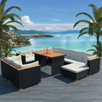 

10 Piece Garden Lounge Set with Cushions Poly Rattan Black