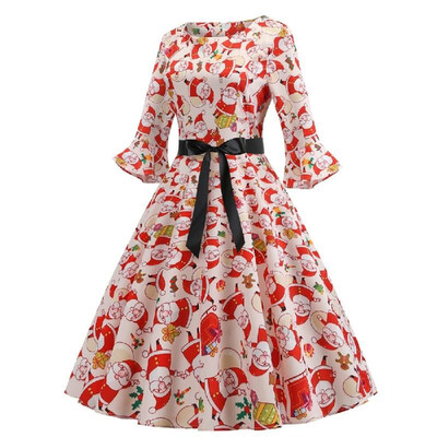 

Cross-border womens clothing foreign trade Christmas dress winter round neck lotus leaf sleeves old man printing big swing skirt