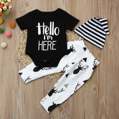 

3Pcs Newborn Baby Boys Letter Romper TopsDeer Pants Caps Outfits Set Clothes