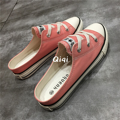 

Womens shoes 2019 new summer canvas shoes womens half drag heel shallow shoes womens tide shoes