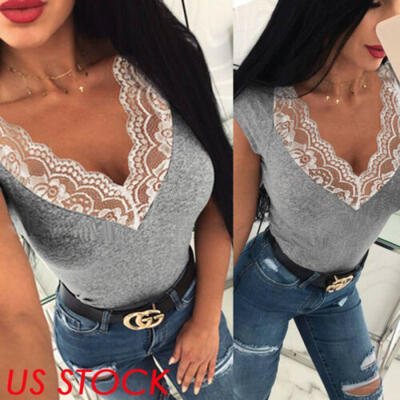 

Women Sexy V-Neck Lace Vest Sleeveless Tank Blouse Summer Crop Tops T-Shirt HOT