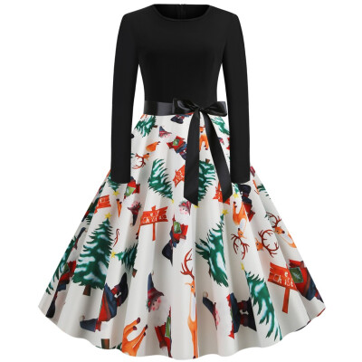 

Tailored Women Fashion Christmas Print Dress Round Neck Zipper Hepburn Party Dress