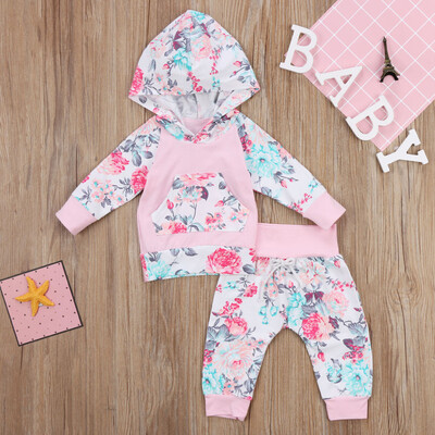 

2Pcs Flower Baby Girl Clothing Newborn Baby Girls Floral Hooded Tops Long sleeve Long Pants Spring Fall Outfits Set Clothes