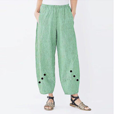 

Plus Size Women High Waist Stripe Button Wide Leg Pants Trousers Loose Pants