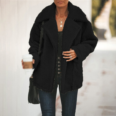 

Womens Lapel Fleece Fuzzy Zipper Outwear Jacket Warm Winter Button Down Coat