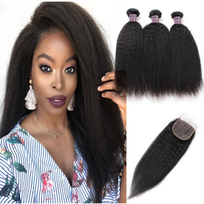 

Brazilian Hair Yaki Straight Human Hair Bundles with Closure Peruvian Virgin Hair Extensions 34 Bundles with 44 Lace Closure