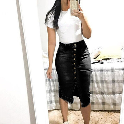 

Roseonmyhand New Womens Fashion Denim Skirt Summer Button Design Split Front Open Skirts