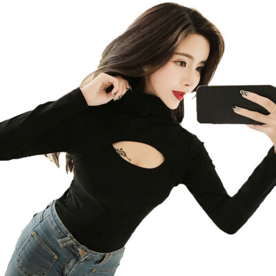 

T Shirt Women Sexy Hollow Out Solid T Shirts Turtleneck Slim Fit Long Sleeve Tshirt Korean Spring Autumn Casual Tops Female