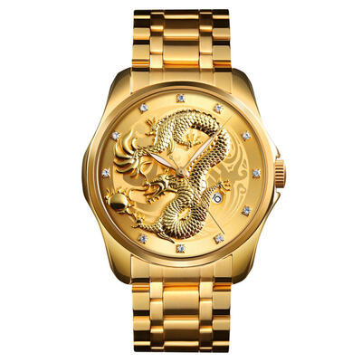 

SKMEI 9193 Dragon Totem Quartz Wristwatch Business Calendar Watch With Stainless Steel Strap For Men