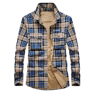 

Toponeto Mens Buttons Plaid Long-Sleeved Shirt With Fleece For Warmth Blouse