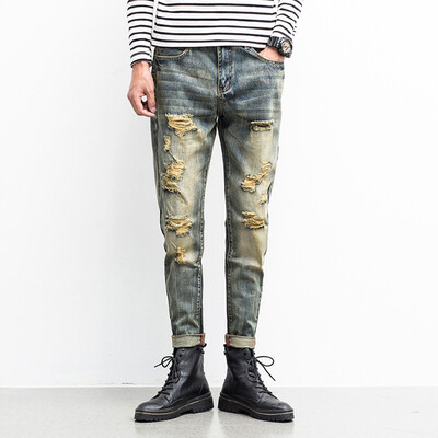 

〖Follure〗Men Slim Hole Zipper Denim Jeans Skinny Frayed Pants Distressed Rip Trousers