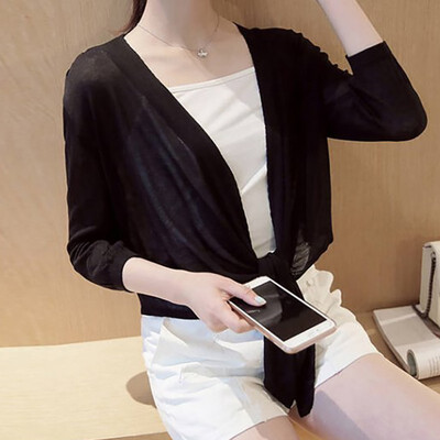 

Womens Summer Loose Simple Casual Solid Color Three Quarter Sleeve T Shirt Comfortable Breathable Thin Knitwear Lace Up T-Shirt