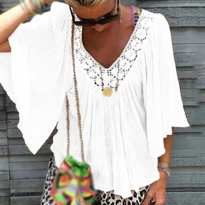 

Women Flare Half Sleeve Boho Tops Summer Ladies Loose V-neck Casual Shirt Blouse