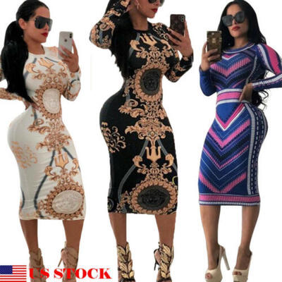 

US Fashion Womens Long Sleeve Print Bodycon Clubwear Cocktail Party Sexy Dresses