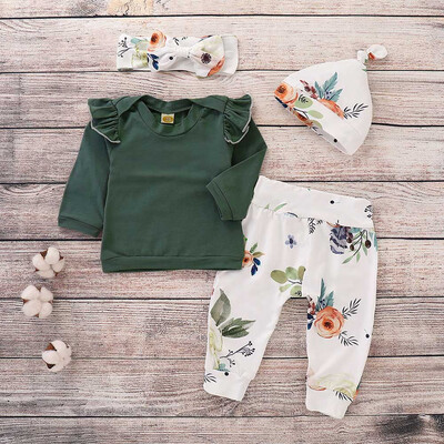 

4PCS Toddler Baby Girls Floral Print Top Pants Cap Headband Ruffles Outfits Set