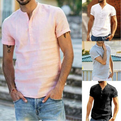

Mens Linen Short Sleeve Shirt Summer Cool Loose Casual V-Neck Shirts Tops Plus