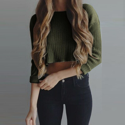 

Nomeni Women Long Sleeve Crop Tops Shirt Sexy Ronud Neck Blouse T-Shirt