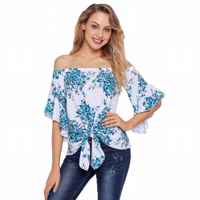 

One-word collar speaker seven-point sleeve hem knotted retro print top