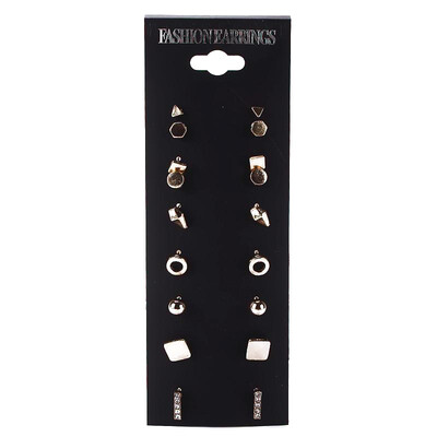 

Women Punk Geometric Crystal Stud Earrings Gold And Silver Color Piercing Fashion Earring 9 Pairssets