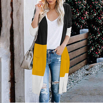 

Tailored Women Long Sleeve Color Striped Pocket Casual Knitted Outerwear Cardigan Sweater