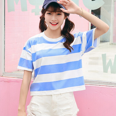 

Women Width Striped Candy Color T Shirt Short Sleeve O Neck Women Tops Harajuku Summer Casual Loose Tshirt
