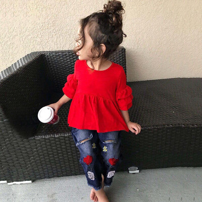 

Kids Toddler Baby Girls Outfit Clothes Frill T Shirt TopsEmbroidery Denim Pants