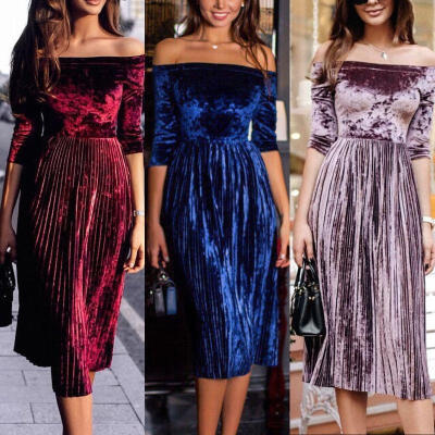 

Fashion Women Lady Velvet Off-Shoulder Dress Party Evening Porm Skater Long Dress