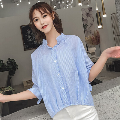 

Womens Striped Print Stand Collar Half Sleeve Loose Irregular Blouse