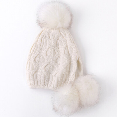 

South Koreas new ladies Hat fallwinter wool Hat three wool ball back opening knit Hat double thickened rabbit fur Hat
