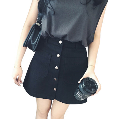 

New Summer Womens ladies A-line Pencil Jeans Skirt Front Button Casual High Waist Denim Small Pockets Skirt Harajuku