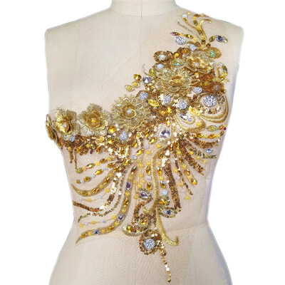 

Handmade Sewn on The Web 3D Yellow Lace Rhinestones Applique Crystal Patches with Stones Sequins Beads Wedding Dress Accessories