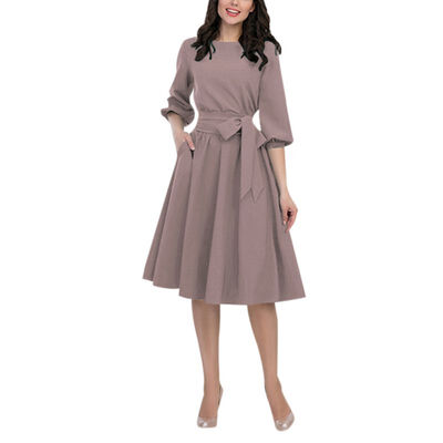 

Women Sexy One Word Collar Vintage Solid Color Skirt Puff Sleeved Pleat Waist Bow Tie Casual Dress