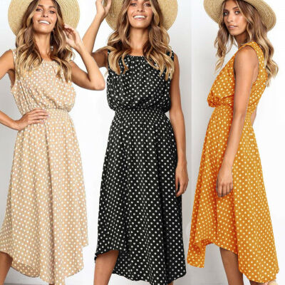 

Boho Women Summer Holiday Polka Dot Maxi Dress Sleeveless Long Shirt Dres