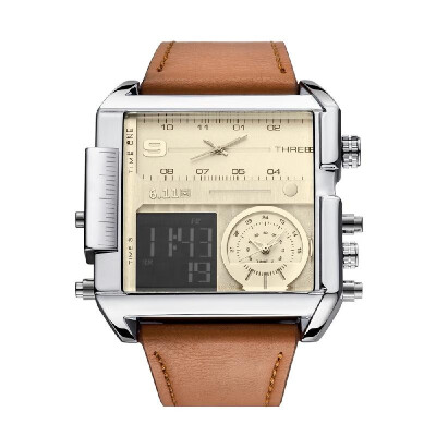 

611 Men Leather Band Rectangle Dial Analog Quartz Watches 3 Time Zones Waterproof Electronic Wristwatch