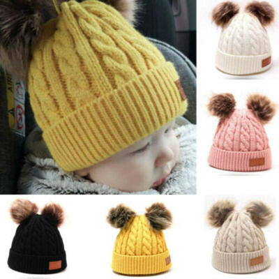 

US Toddler Kids Baby Fur Pom Hat Winter Warm Knit Bobble Beanie Cap Scarf