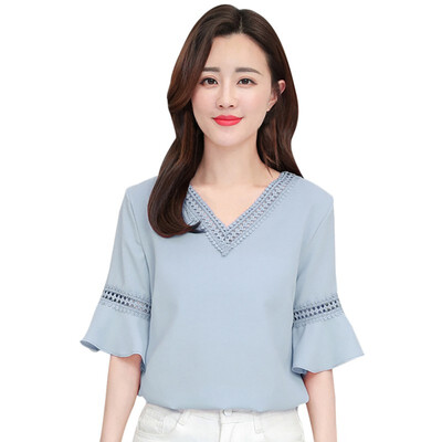 

Womens Fresh Style V-Neck Short Butterfly Sleeve Ruffles Hollow Out Chiffon Blouse