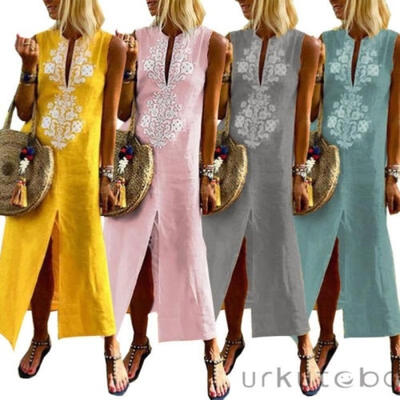 

Women Sleeveless V-neck Boho Dress Beach Cocktail Party Long Maxi Dress