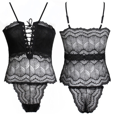 

〖Follure〗Women Lace Lingerie Bodysuit V-Neck Lace Babydoll Short Jumpsuit Pajamas
