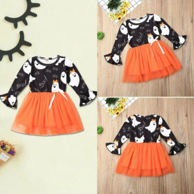 

US Newborn Baby Girls Long Sleeve Halloween Cute Ghost Dress Lace Skirt Clothes