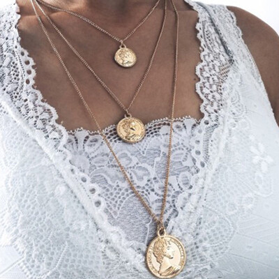 

Ethnic Women Necklaces Carved Portrait Letters Disc Pendant Clavicle Chain Multilayer Gold Necklace Set Birthday Party Jewelry