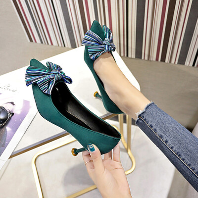 

French girls high heels women 2019 new Korean version of Joker pointed shallow mouth net red bow fine documentary shoe tide
