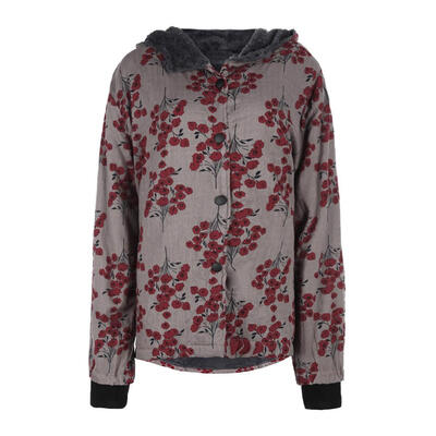 

Women Winter Jacket Single Breasted Hooded Coat Pockets Floral Print Parkas