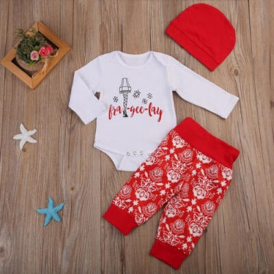 

3Pcs Newborn Baby Boy Girl Romper TopsFloral LeggingsHat Clothes Xmas Outfit Set